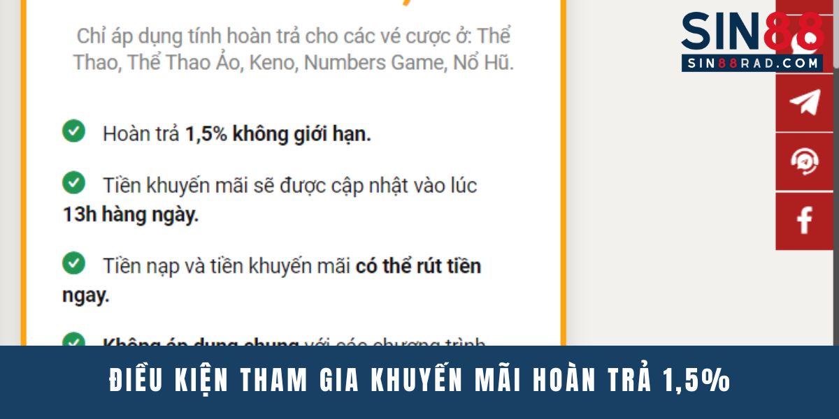 Điều kiện tham gia khuyến mãi hoàn trả 1,5% 