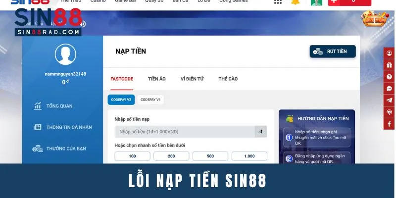 Lỗi nạp tiền Sin88