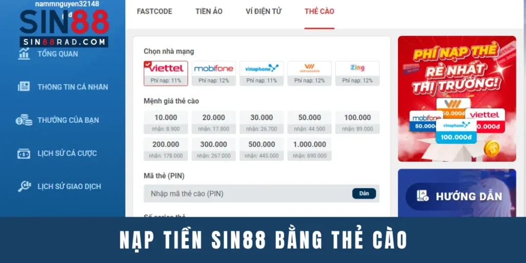 nạp tiền Sin88 bằng thẻ cào