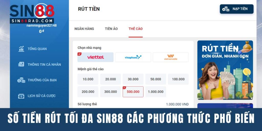 Số tiền rút tối đa Sin88